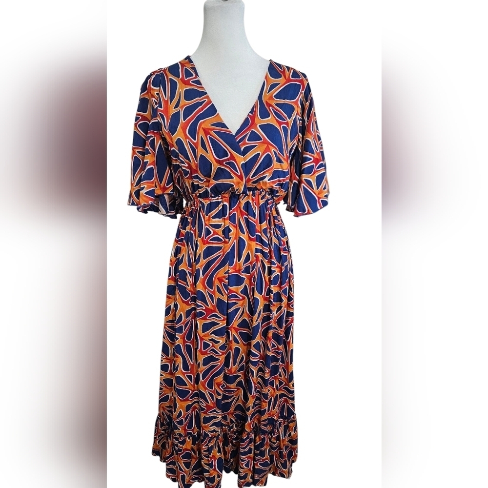VINTAGE BAZAAR V Neck Flowy Maxi Dress In Mod Print Blue/orange. S/M NWOT